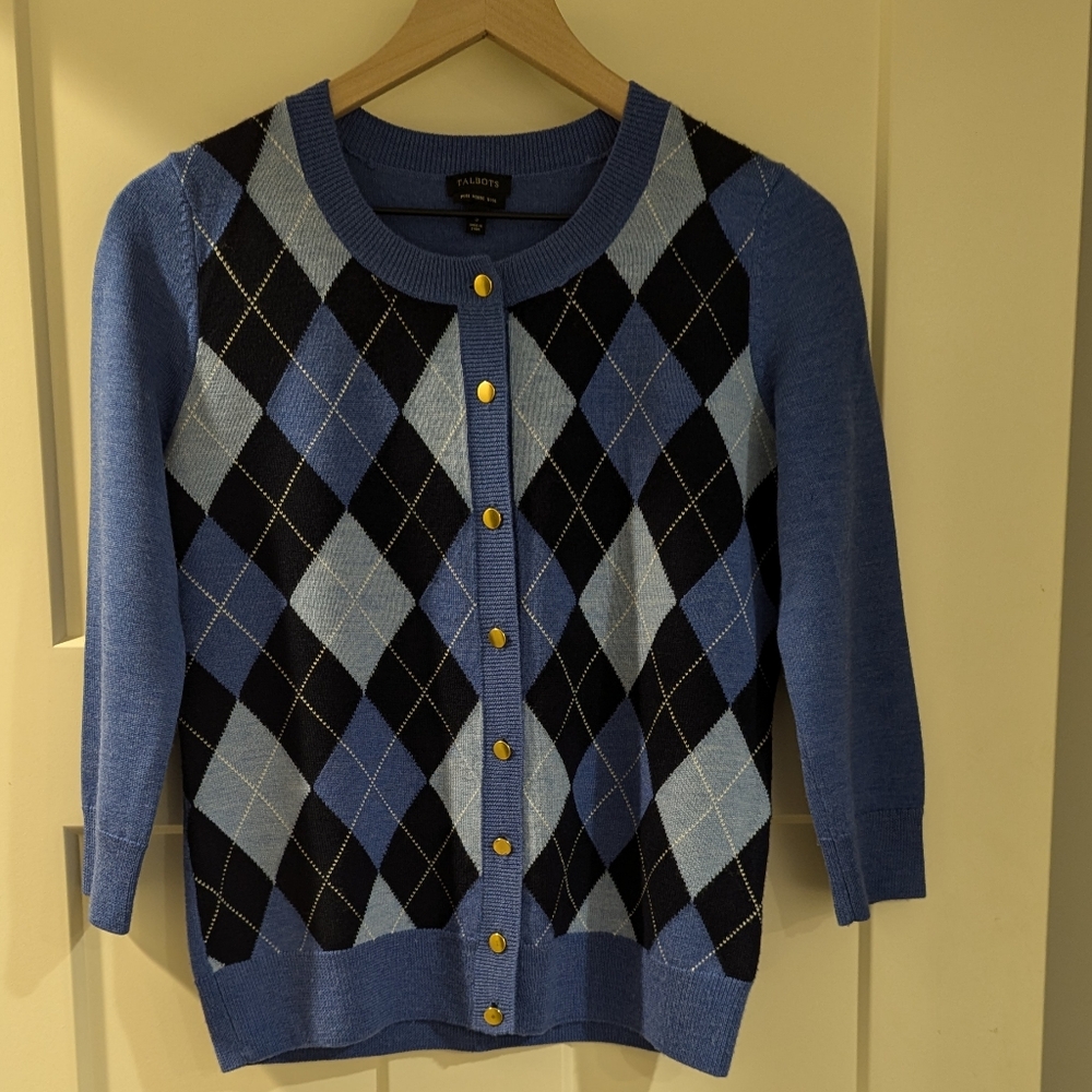 Talbots 100 percent merino wool gold tone metal button argyle print size S
